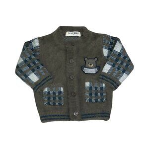 Love Bird Fuzzy Knit Kids Cardigan Brown Plaid Teddy Bear Patch Soft Angora Feel